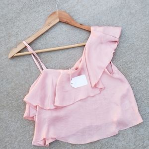 Solemio Blush Pink Ruffle One-Shoulder Crop Top